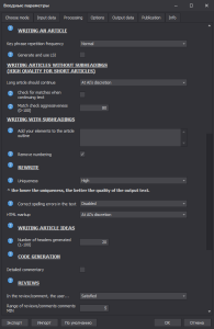 'Processing' tab in ClipAI settings (Writing Settings)